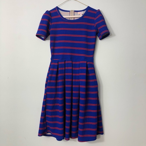 LuLaRoe Dresses & Skirts - LuLaRose Amelia Dress Blue with Red Stripes XS